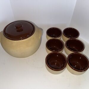 Vintage Watt Pottery 76 Bisque and Brown Bean Pot w/ six bowls